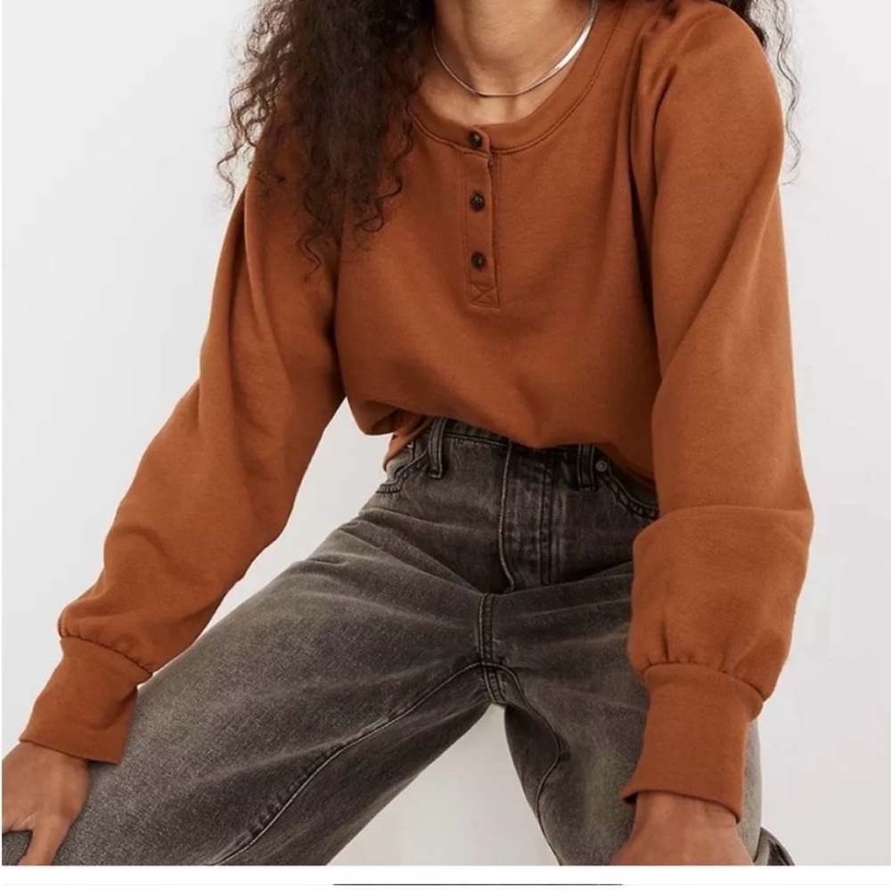 Madewell Puff-Sleeve Henley Sweatshirt - Antique Cream/White - Size XXS. 1070 - Picture 8 of 8